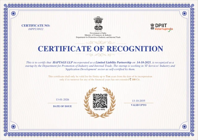 Startup India certificate of recognition of Haptags LLP (PDF)