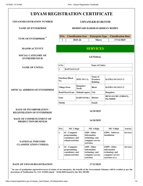 Udyam registration certificate of Haptags LLP (PDF)