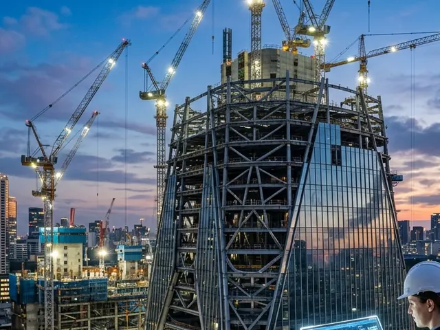 High-rise under construction with tower cranes