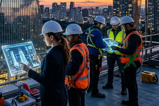 Site engineers reviewing plans on a tablet
