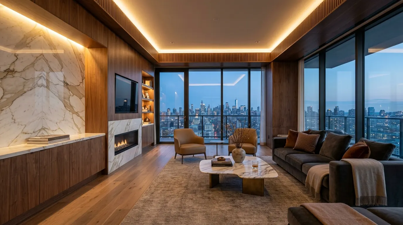 Warm modern living room with marble wall
