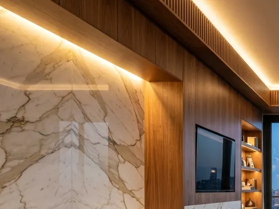 Marble feature wall with walnut panelling