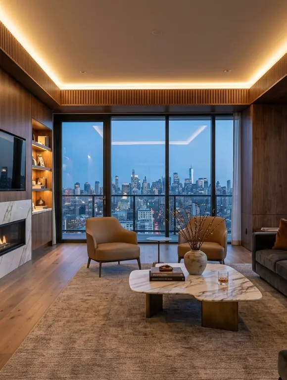 Living room with marble fireplace, walnut panelling and city views designed by Aangan