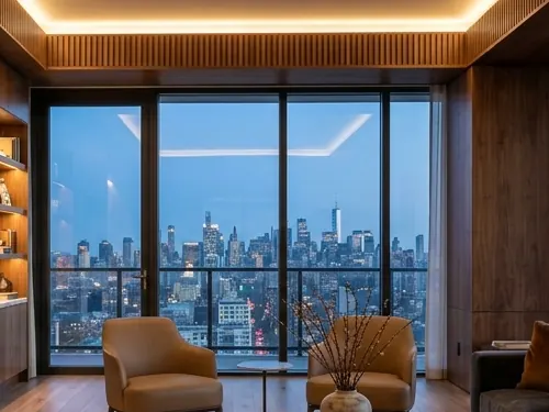 Sitting area overlooking the city skyline