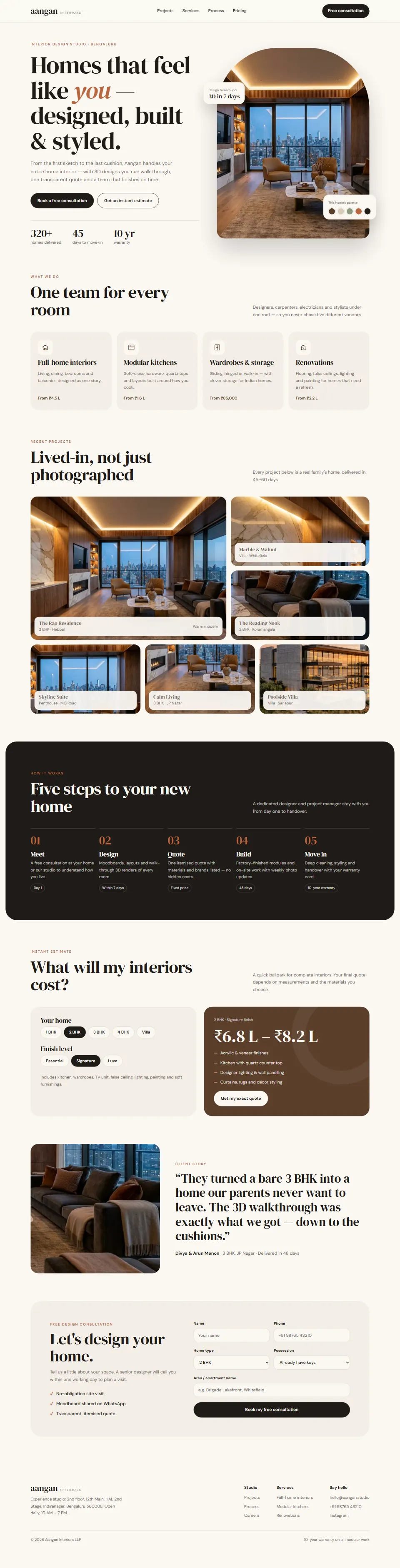 Full-page screenshot of the Aangan Interiors template