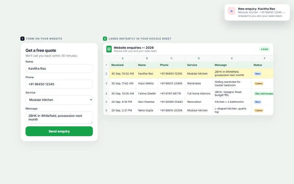 Enquiries → Google Sheets — plugin preview