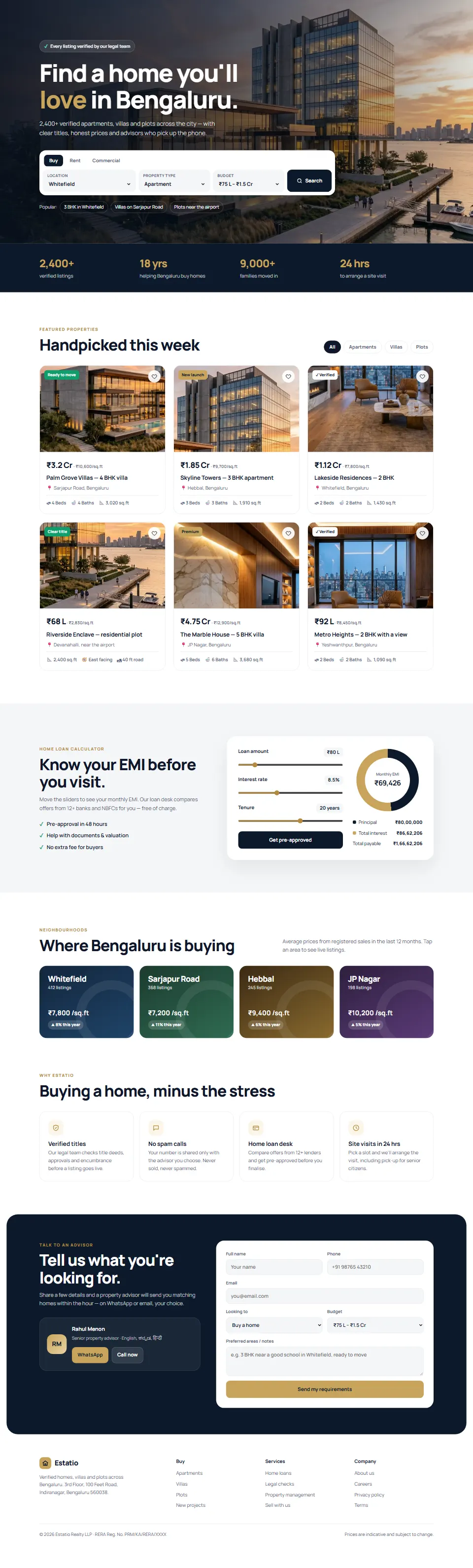 Full-page screenshot of the Estatio template