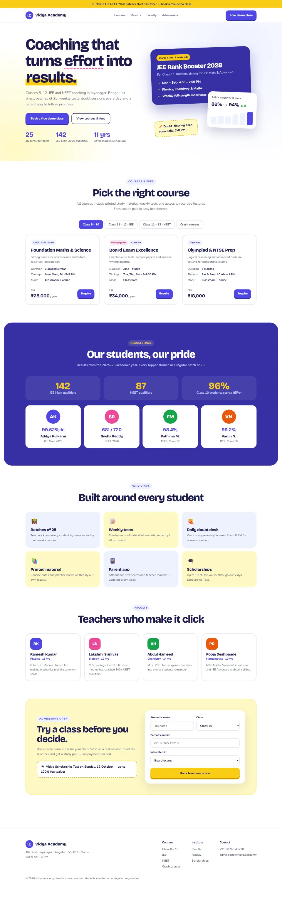 Full-page screenshot of the Vidya Academy template